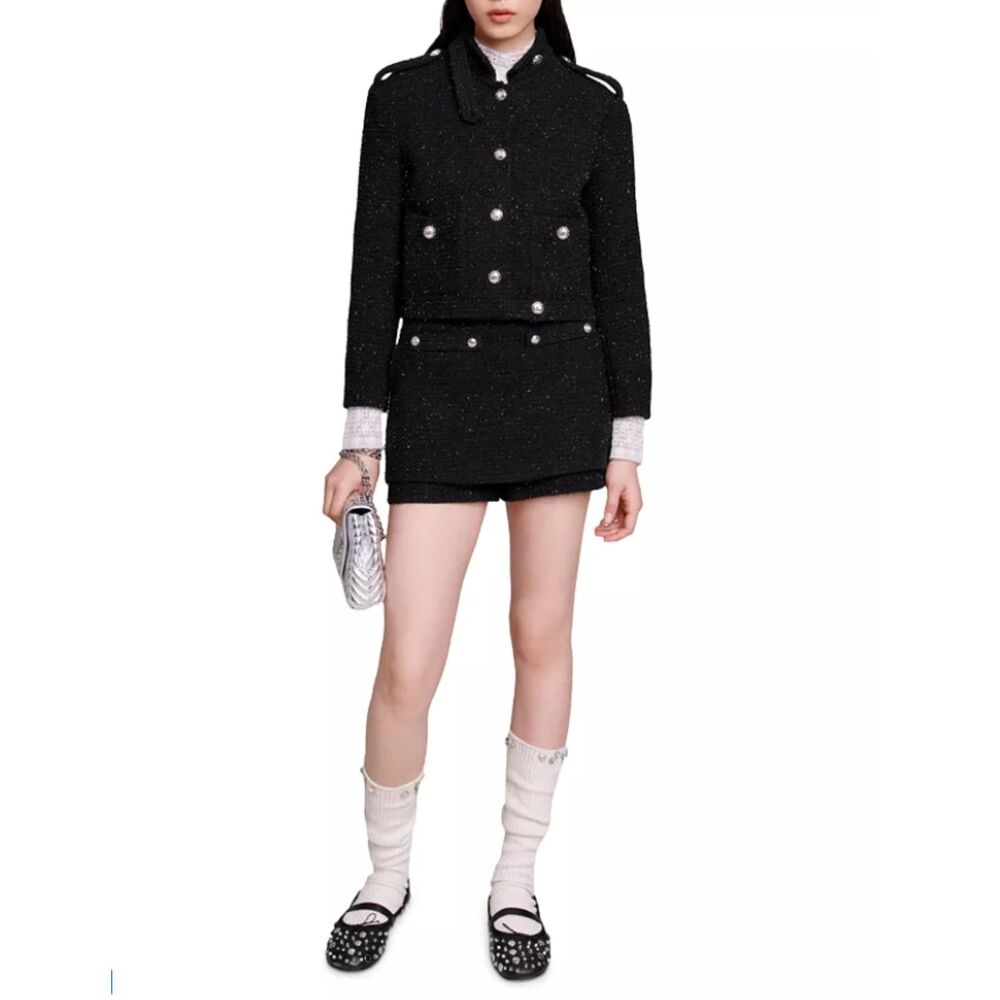 Maje Black Double-Breasted Tweed Blazer Jacket
